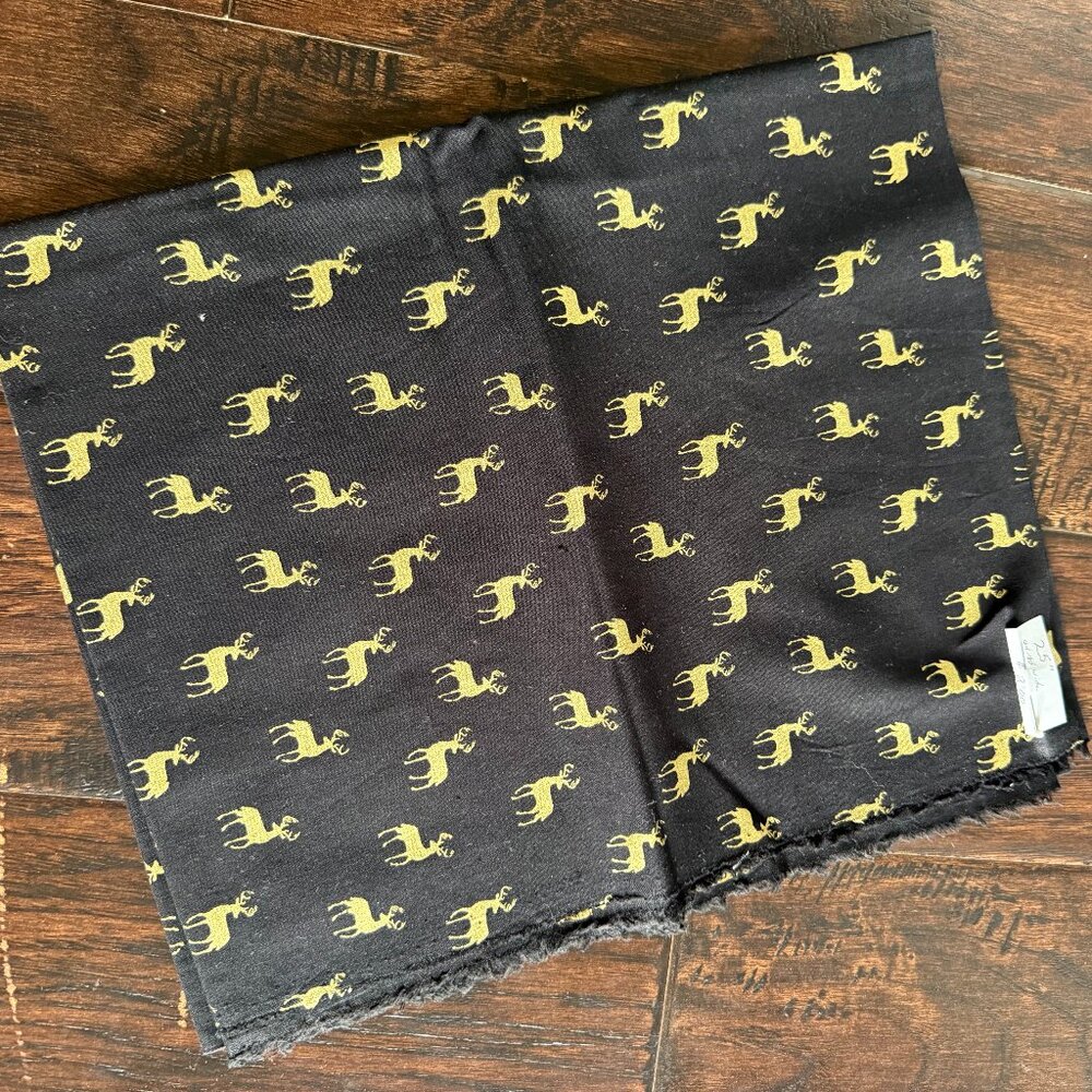 🦌 Gold Metallic Deer Fabric – Black Background – 100% Cotton (25” x 44”)